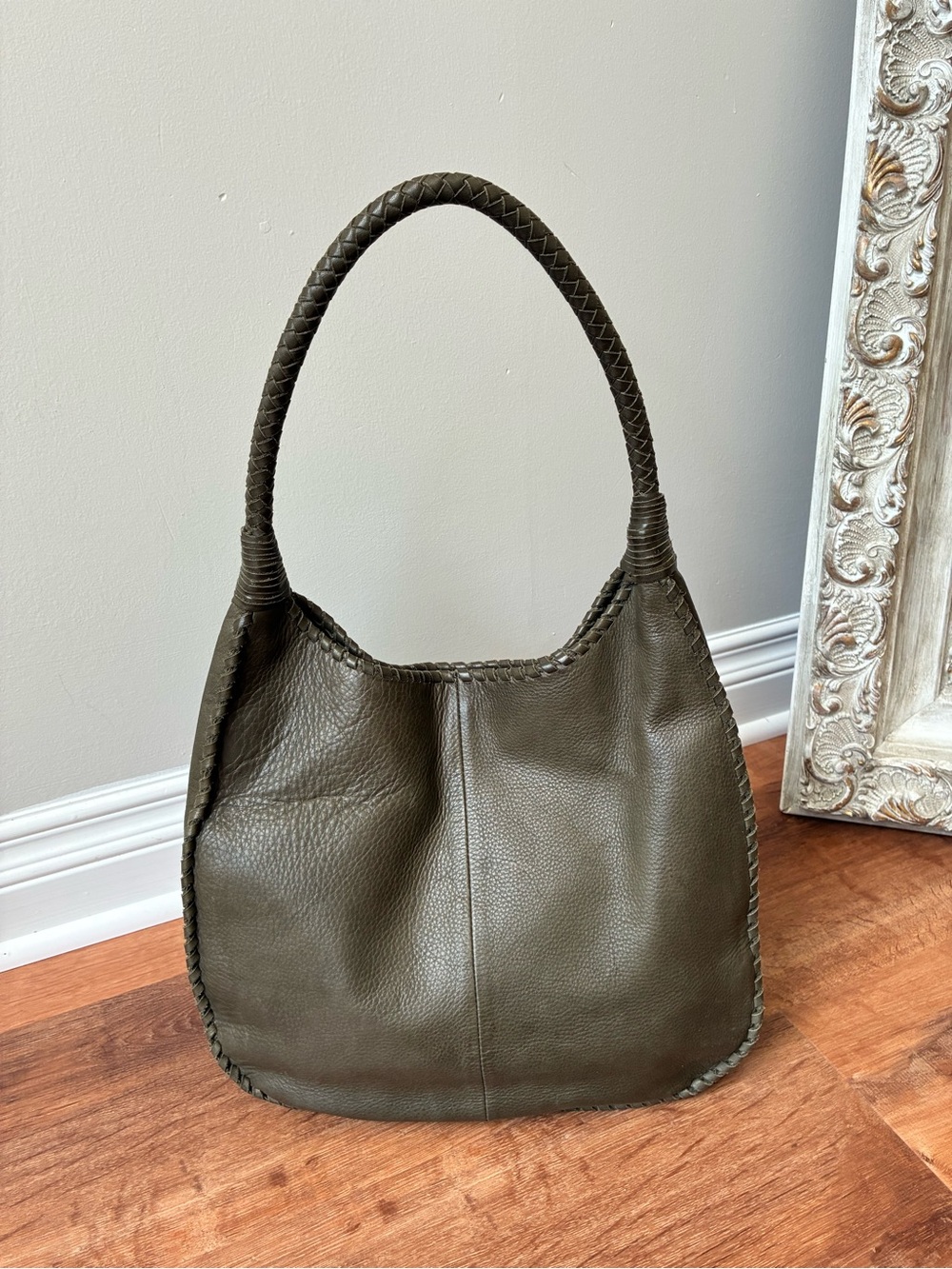 Margot Braided Leather Shoulder Bag, Olive Green